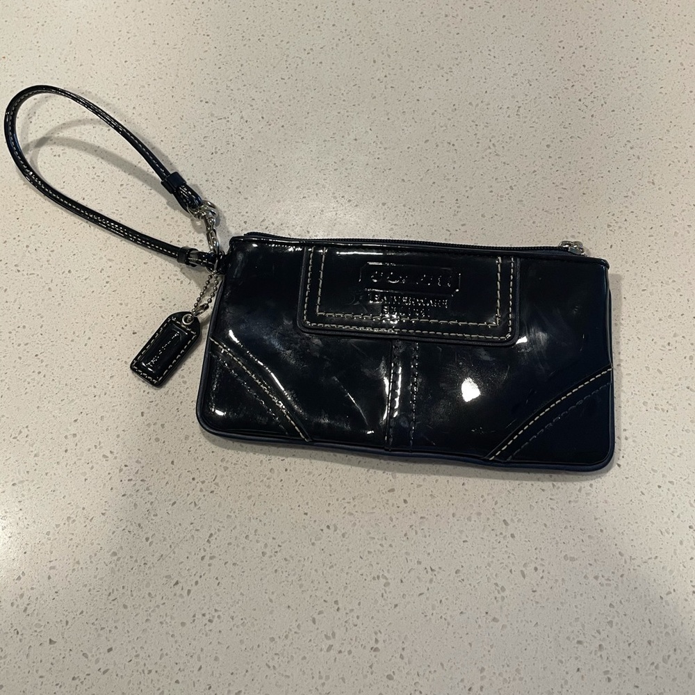 Coach patent leather navy wristlet